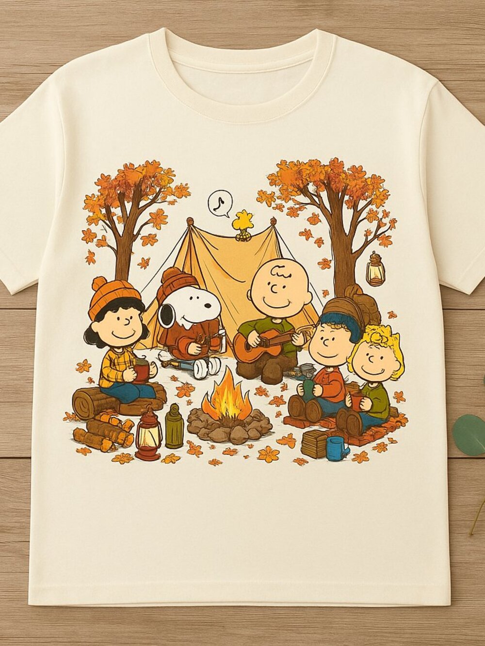Off White Fall Camping Friends Graphic Tee Autumn Casual Shirt